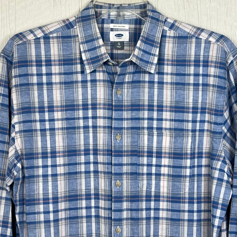 Old Navy Linen shirt men’s XL Slim fit Blue plaid linen/cotton blend long sleeve - Picture 2 of 7